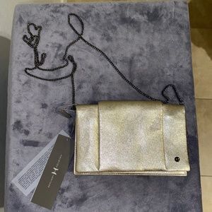 NWT Halston Heritage Pale Gold Italian Leather Clutch with Gunmetal hardware